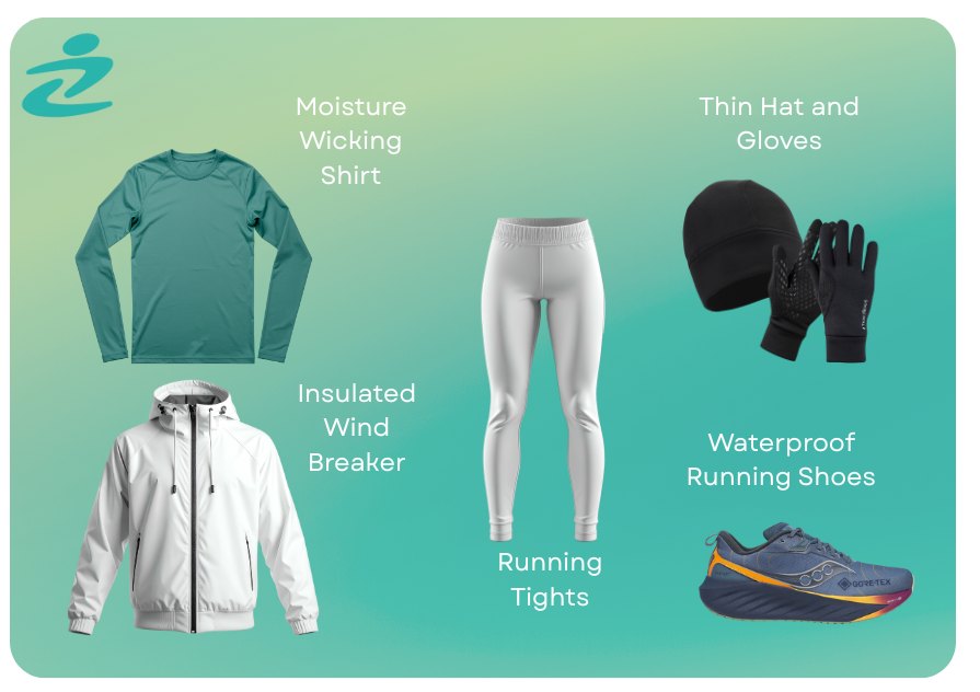 Guide on what to wear when running in the cold. Insulated jacket, moisture-wicking shirts, running tights, a thin hat, gloves, and waterproof running shoes. 